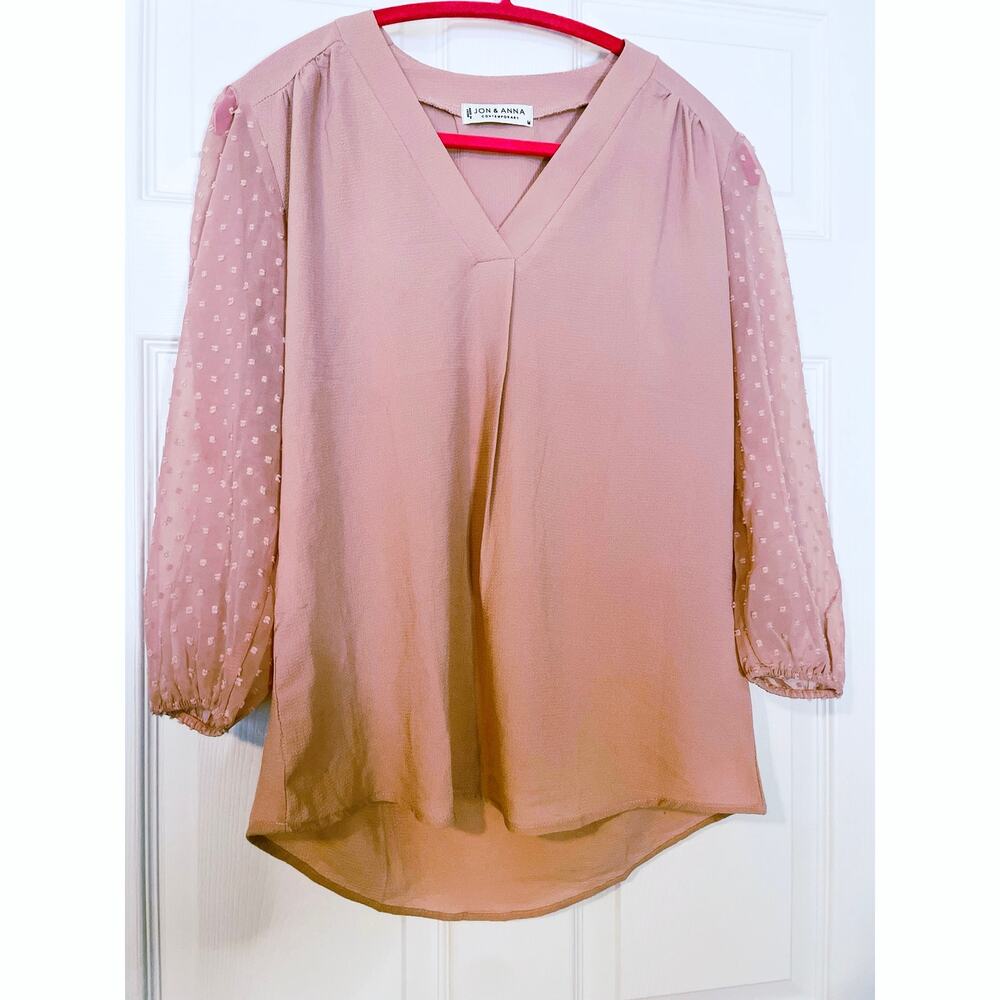Dusty Rose Pink Size Medium B-Neck Blouse Sheer Dotted Elastic Sleeve